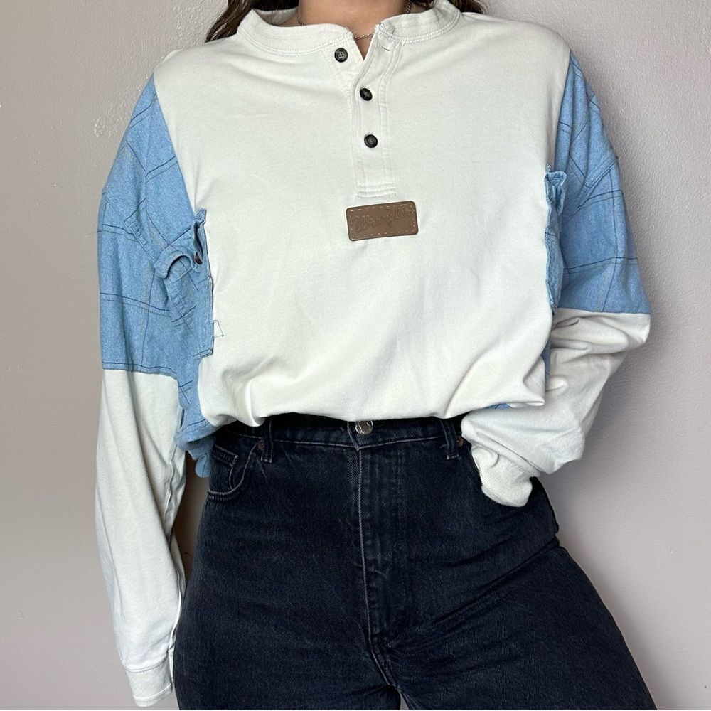 Wrangler Reworked Upcycled Denim Loose Baggy Western Relaxed Two Tone Shirt Top